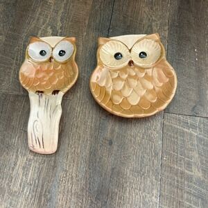 Cracker Barrel Owl Spoon Rest Set 2 Piece Brown Tan Stoneware Woodland Kitchen